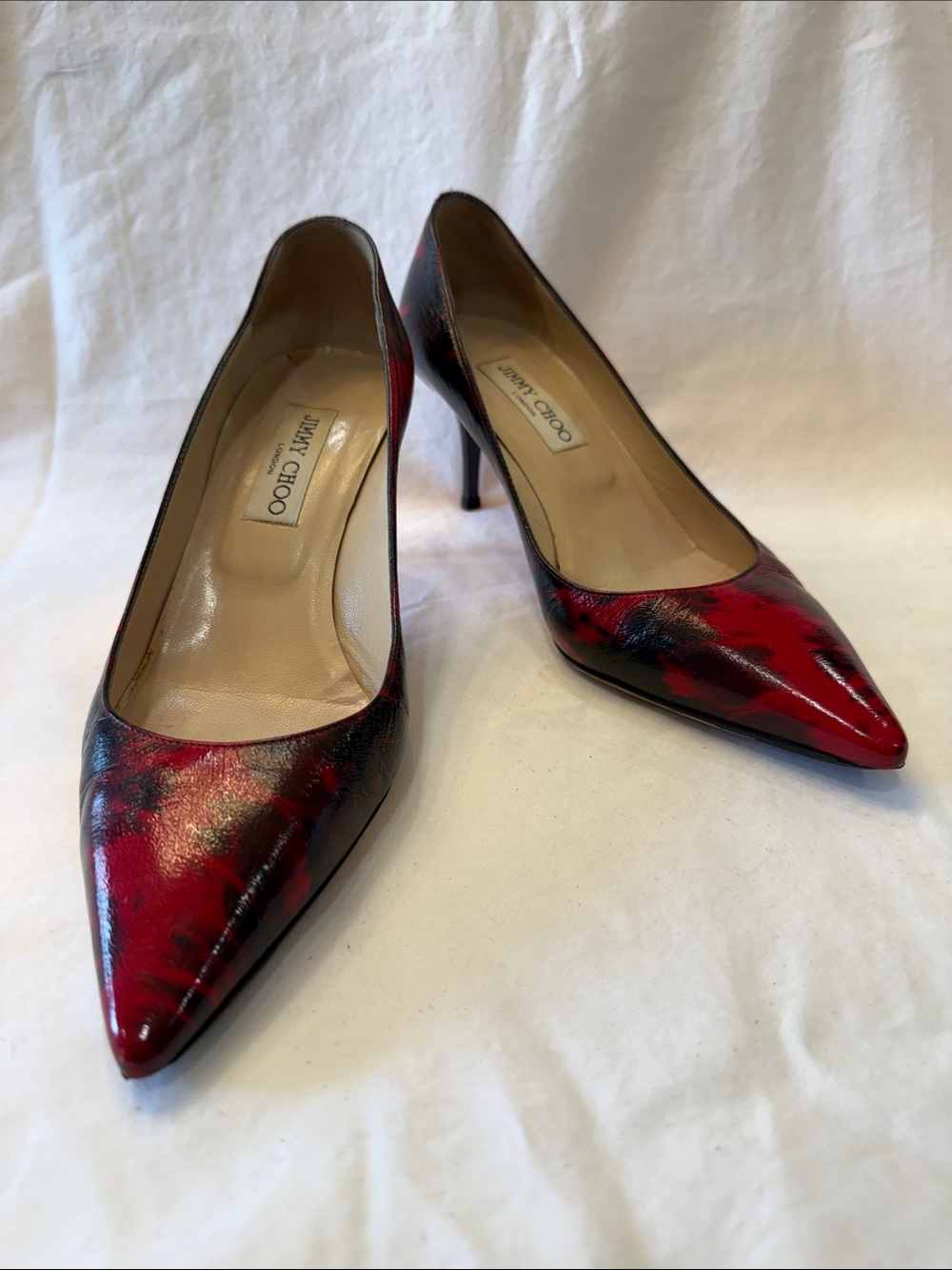Jimmy Choo Red and Black Pointed-Toe Leather Pumps